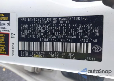 2015 Toyota Camry Se from USA, damaged, VIN 4T1BF1FK2FU486748